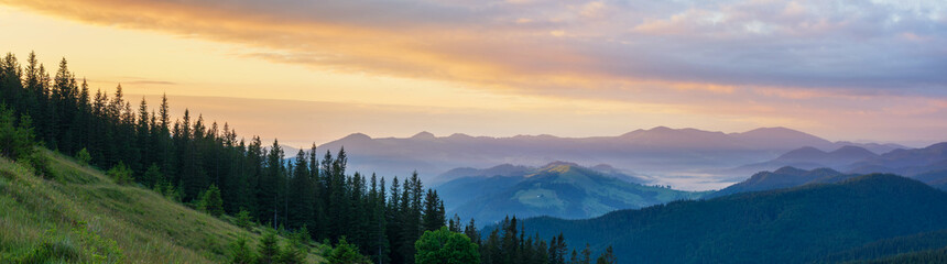 Naklejka na ściany i meble Dawn in the Ukrainian Carpathians. mountains in dawn colors. Panorama of mountains.