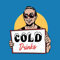 A man holding cold drinks sign illustration