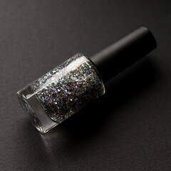 Glitter nail polish glass bottle isolated on black background, top view.