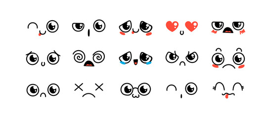 Various Cartoon Emoticons Set. Doodle faces, eyes and mouth. Caricature comic expressive emotions, smiling, crying and surprised character face expressions