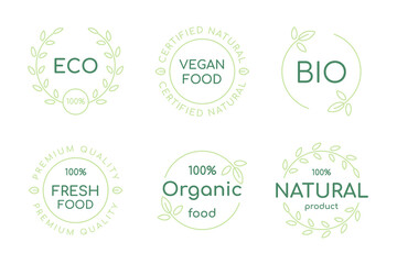 Set of organic, fresh, vegan and natural products label. Ecology line icon, badge and logo collection.