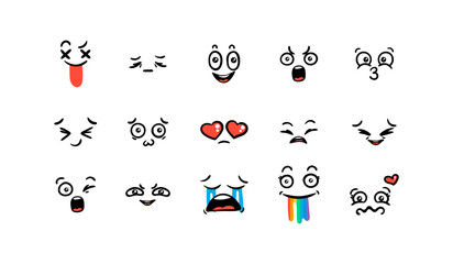 Various Cartoon Emoticons Set. Doodle faces, eyes and mouth. Caricature comic expressive emotions, smiling, crying and surprised character face expressions