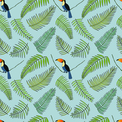 Vector seamless pattern with tropical leaves and toucan. 
Design for poster, card, wallpaper and scrapbook