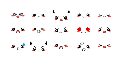 Various Cartoon Emoticons Set. Doodle faces, eyes and mouth. Caricature comic expressive emotions, smiling, crying and surprised character face expressions
