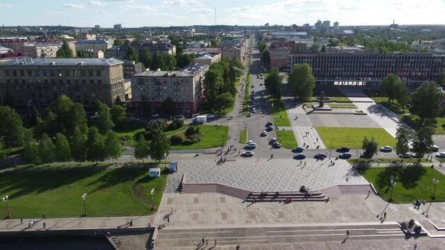 Petrozavodsk is the capital of the Republic of Karelia in Russia. Embankment of Lake Onega and Lenin Avenue on a sunny, summer day