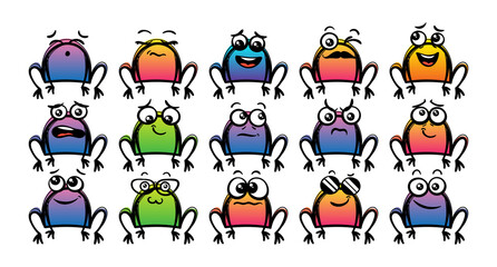 Various Cartoon Toads Set. Doodle faces, eyes and mouth. Caricature comic expressive emotions, smiling, crying and surprised character face expressions