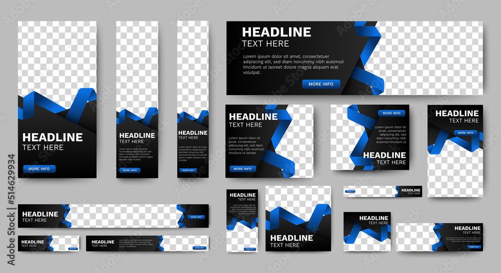 Wall mural abstract banner design web template set, horizontal header web banner. black and gradient blue cover