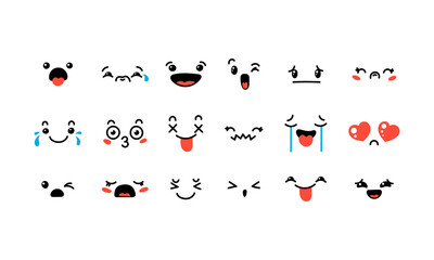 Various Cartoon Emoticons Set. Doodle faces, eyes and mouth. Caricature comic expressive emotions, smiling, crying and surprised character face expressions