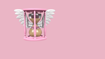 Time Flies Time Management New Year Concept Pink Hourglass Clock with Wings isolated on Pastel Pink Background in 8k. 3D Illustration Render.