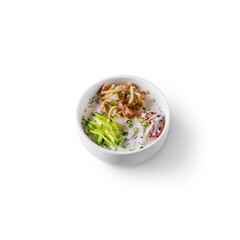 Okroshka with onions, cucumbers, radishes, meat