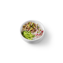 Okroshka with onions, cucumbers, eggs, radishes