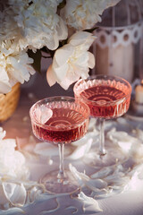 A bouquet of white peonies, flower petals, candles and a fashionable glass for dessert and champagne with a pink drink inside. The concept of a party and a holiday.