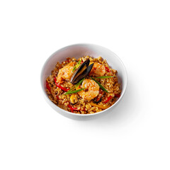 Rice with shrimps and mussels with onions, sesame seeds