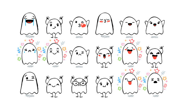 Set of Various Cartoon Ghosts with Emoticons. Doodle ghouls, eyes and mouth. Caricature comic expressive emotions, smiling, crying and surprised character face expressions