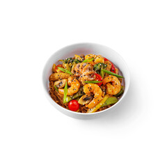 Rice spaghetti with corn, shrimps, mushrooms, onions, sesame seeds