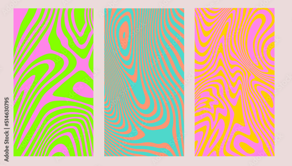 Poster set of abstract psychedelic illustrations with colorful trippy shapes in 60s hippie retro-art style.