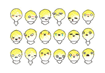 Set of Various Cartoon Bulbs with Emoticons. Doodle lightbulb, ideas, eyes and mouth. Caricature comic expressive emotions, smiling, crying and surprised character face expressions