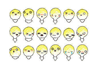 Set of Various Cartoon Bulbs with Emoticons. Doodle lightbulb, ideas, eyes and mouth. Caricature comic expressive emotions, smiling, crying and surprised character face expressions