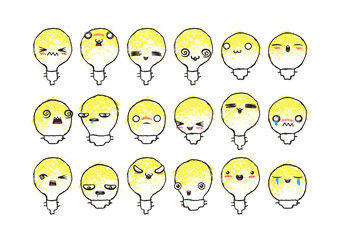 Set of Various Cartoon Bulbs with Emoticons. Doodle lightbulb, ideas, eyes and mouth. Caricature comic expressive emotions, smiling, crying and surprised character face expressions