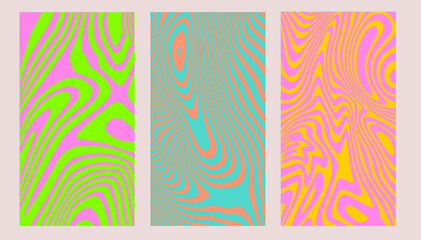 Set of abstract psychedelic illustrations with colorful trippy shapes in 60s hippie retro-art style. 