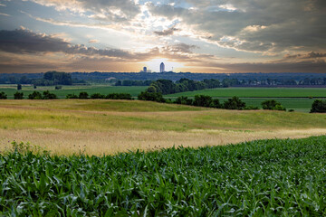 Fototapeta na wymiar Des Moines skyline visible across farm fields in rural Iowa at sunrise.