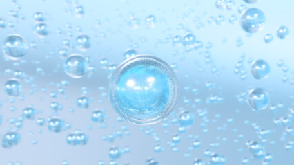 3D rendering Cosmetics Serum bubbles on defocus background. Collagen bubbles Design. Moisturizing Essentials and Serum Concept. Vitamin for health care and beauty concept. 
