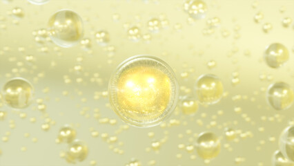Fototapeta premium 3D rendering Cosmetics Golden Serum bubbles on defocus background. Collagen bubbles Design. Moisturizing Cream and Serum Concept. Vitamin for personal care and beauty concept. 