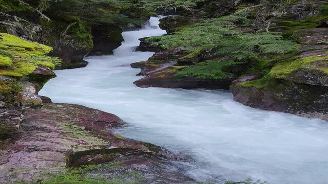 High volume of water flow in Avalanche Creek in Glacier National Park, Montana after heavy rainfall in June 4K.