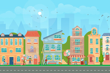City street. Panoramic cityscape with bright houses, walking pedestrians, flowering trees. Shop and stores. Spring city. Vector illustration in cartoon style.