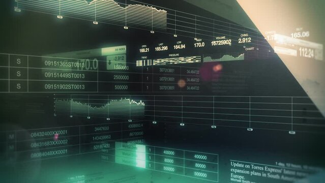 Looping animation of generic stock market tickers displaying different types of information while sliding and crossing one another in an abstract but formal looking environment.