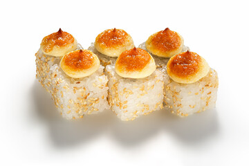 Baked sushi with cheese and  sesame seeds on a white background, close-up