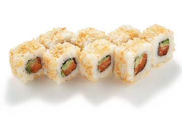 Fresh salmon and avocado rolls served on white background  standing upright to show the ingredients