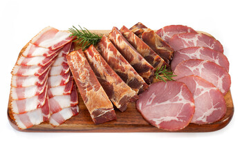 Close-up of Appetizing smoked smoked pork briske, baby back pork ribs, pork neck ​isolated on a white background