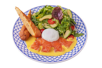 Salad with yellow sauce, salmon pieces