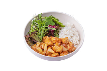 Meat in sauce with pineapple, rice