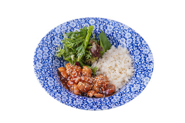 Meat in sauce with sesame seeds, rice