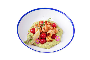Puree with shrimp, pea sprouts