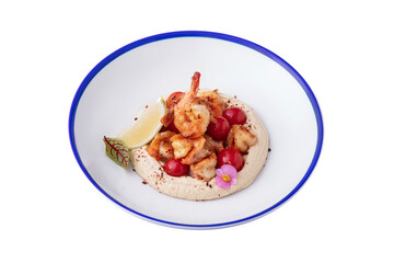 Puree with shrimp, pea sprouts, tomatoes