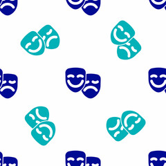 Blue Comedy and tragedy theatrical masks icon isolated seamless pattern on white background. Vector