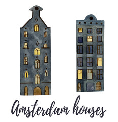 Dutch traditional buildings with light in the windows. Watercolor hand-painted illustration isolated on a white background. Perfect for any projects, prints, menu, cards, decor.