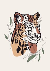Portrait of a leopard head with leaves Illustration.
