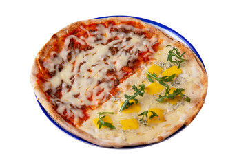 Pizza with cheese, meat, ketchup