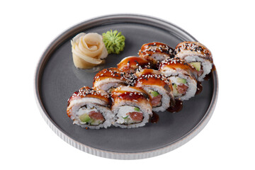 Roll with philadelphia cheese, salmon, sesame seeds, sauce, eel