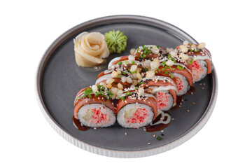 Roll with salmon, sesame seeds, sauce, crab, cucumber