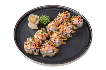 Warm roll in batter with sesame seeds, fish, sauce, cucumber