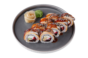 Rolls with eel, rice, sauce, sesame seeds, avocado, parmesan, nori