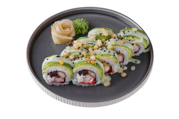Rolls with shrimps, rice, sauce, sesame seeds, avocado