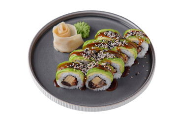 Rolls with shrimps, rice, sauce, sesame seeds, avocado, nori