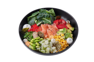 Salad with salmon, beans, cucumber, avocado, corn, rice, tobiko caviar, chukoy
