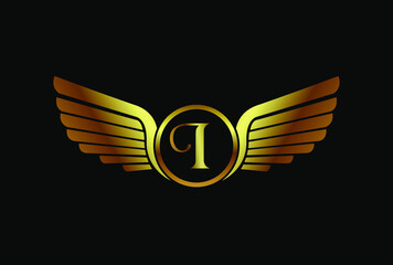Wings logo element vector template design isolated on black background, two wings emblem with letter I logotype, modern creative trendy brand symbol